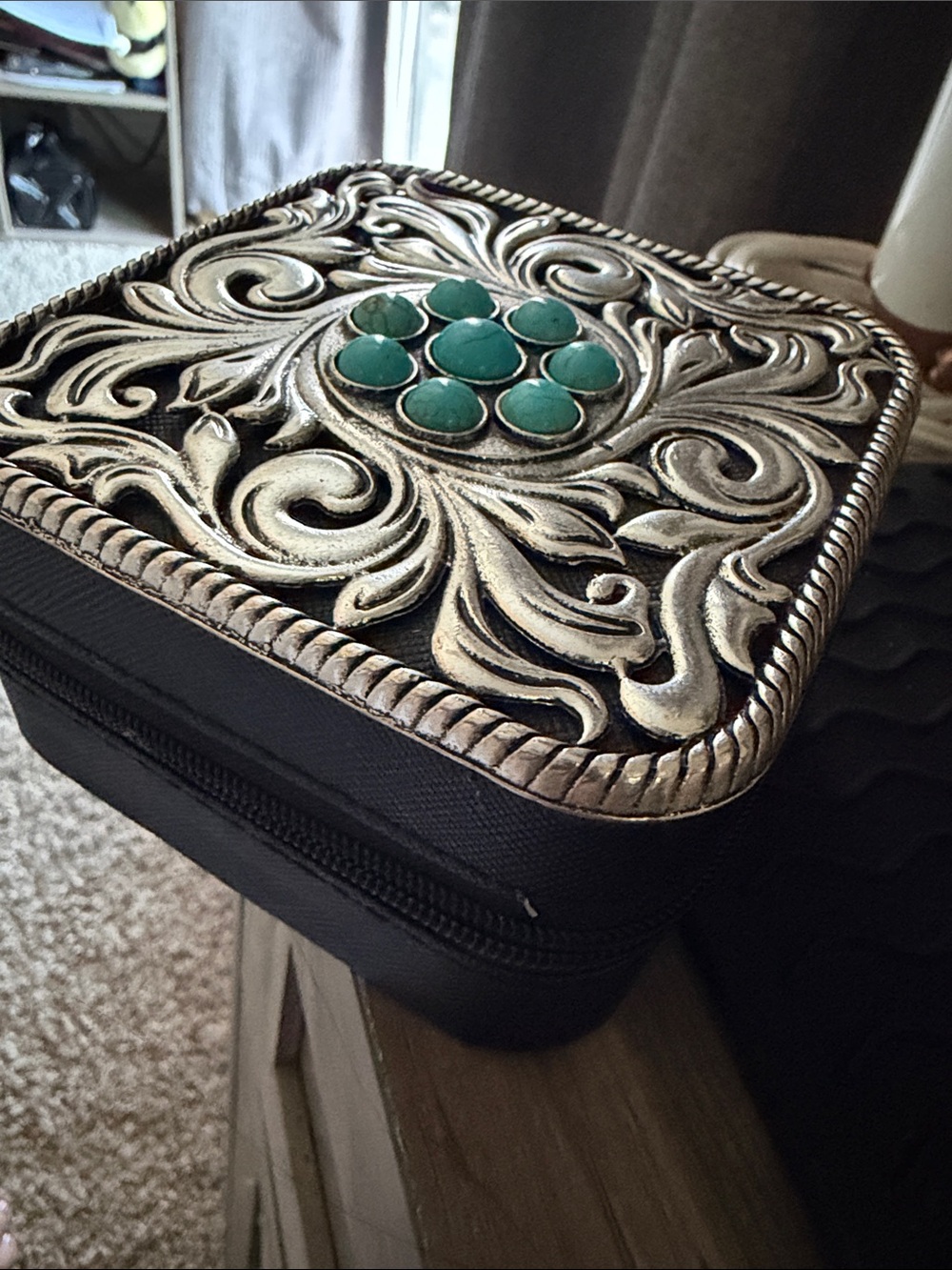 Ornate Silver-Tone Jewelry Case with turquoise color Stone Accent